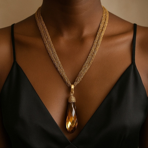 Cato Gold Topaz Jewel Rhinestone Crystal Large Pendant Statement Necklace - Picture 1 of 4